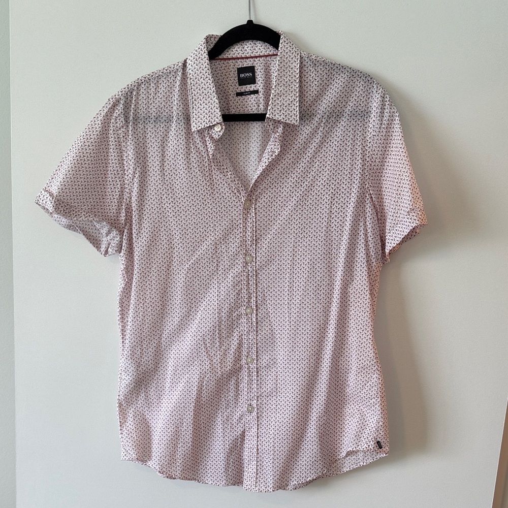 Hugo Boss White and Ping Flamingo Patterned Casual Shirt